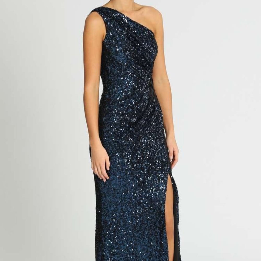 Badgley Mischka Draped Navy Sequin One Shoulder Gown w. Leg Split - size 16